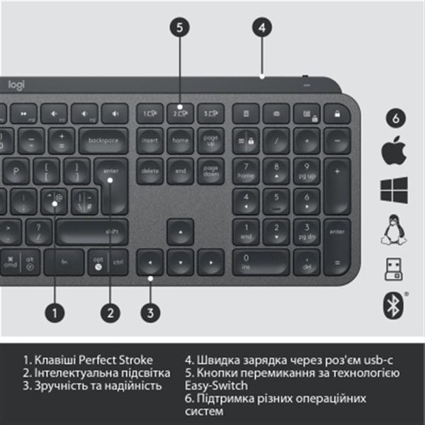 Клавіатура бездротова Logitech MX Keys Advanced for Business Wireless Illuminated UA Graphite (920-010251) 920-010251 фото