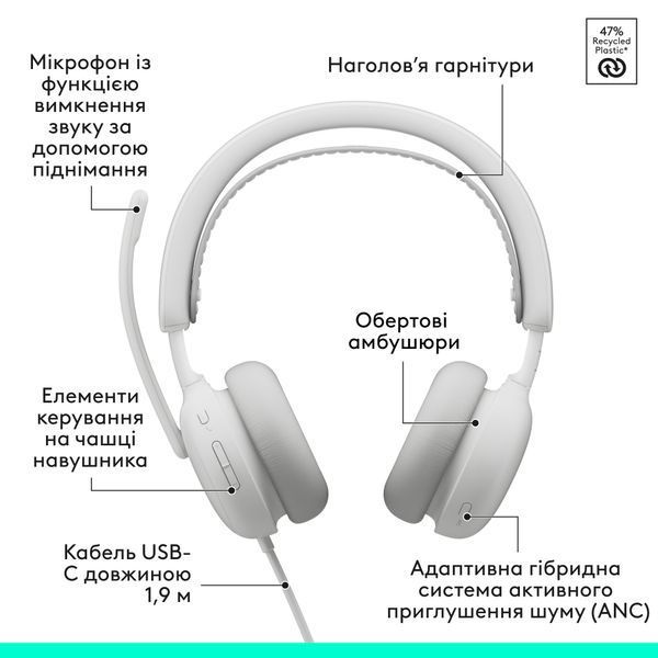 Гарнітура Logitech Zone Wired 2 USB Off-White (981-001621) 981-001621 фото